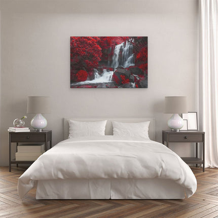 Canvas schilderij slaapkamer Waterval in een Rood Bos