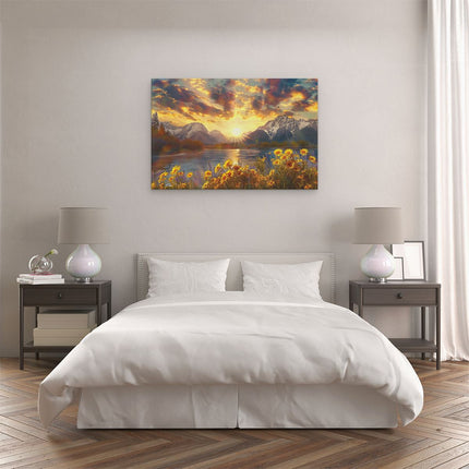 Canvas schilderij slaapkamer De Zon gaat onder over de Bergen en Bloemen