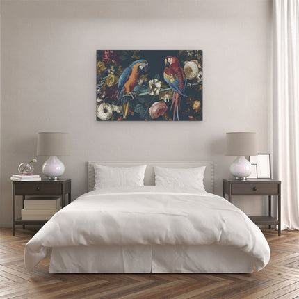 Canvas schilderij slaapkamer Twee Papegaaien op een Tak met Bloemen