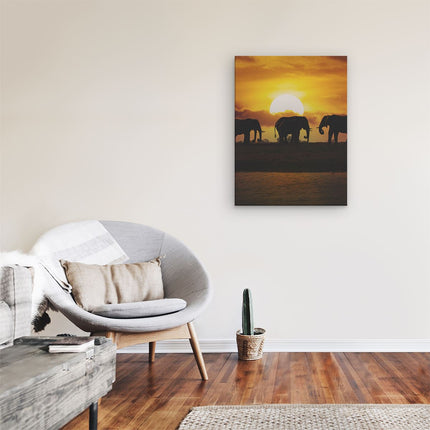 Canvas Schilderij Kamer Silhouet Olifanten Tijdens Zonsondergang