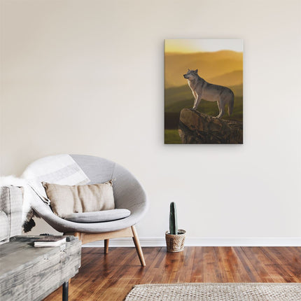 Canvas Schilderij Kamer Wolf Op Een Rots Met Een Heuvel Landschap