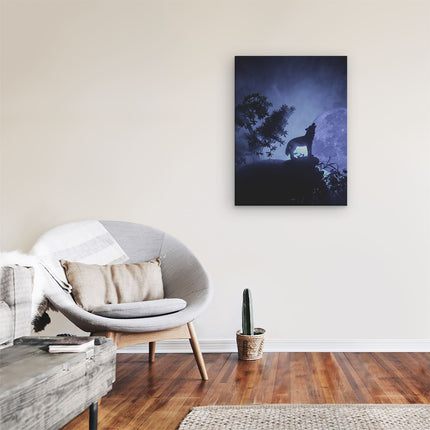 Canvas Schilderij Kamer Huilende Wolf In Silhouet Bij Volle Maan