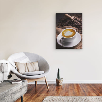 Canvas Schilderij Kamer Kopje Koffie In Een Hartje Met Koffiebonen