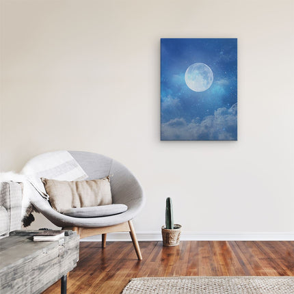 Canvas Schilderij Kamer Volle Maan in de Blauwe Hemel met Sterren