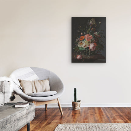 Canvas Schilderij Kamer Stilleven met Bloemen op een Marmeren Tafelblad - Rachel Ruysch