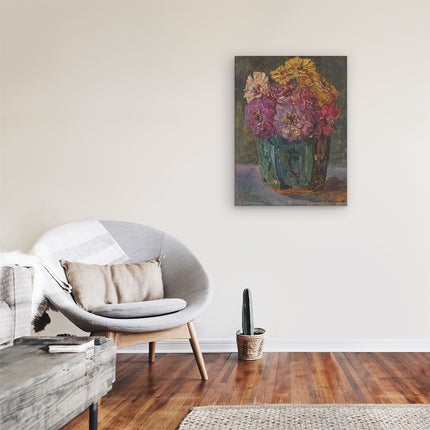 Canvas Schilderij Kamer Stilleven met Zinnia’s in een Gemberpot - Floris Verster