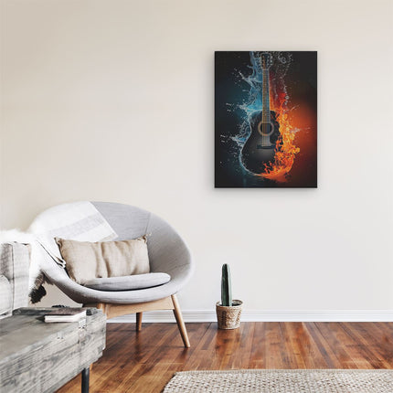 Canvas Schilderij Kamer Akoestische Gitaar met Water en Vuur