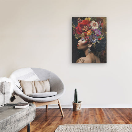 Canvas Schilderij Kamer Vrouw met Bloemen op haar Hoofd