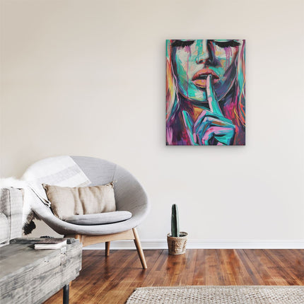 Canvas Schilderij Kamer Kleurrijk Kunstwerk van een Vrouw met haar Vinger op haar Lippen