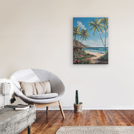 Canvas Schilderij Kamer Kunstwerk van een Strandtafereel met Palmbomen en een Hut