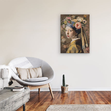 Canvas Schilderij Kamer Meisje met een Pareloorring en Bloemen
