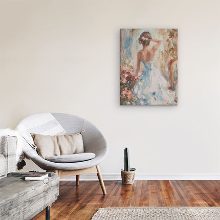 Canvas Schilderij Kamer Kunstwerk van een Vrouw in een Blauwe Jurk