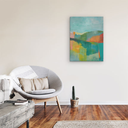 Canvas Schilderij Kamer Abstract Kunstwerk van een Groen, Oranje en Blauw Landschap