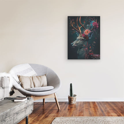 Canvas Schilderij Kamer Hert met Bloemen op zijn Kop