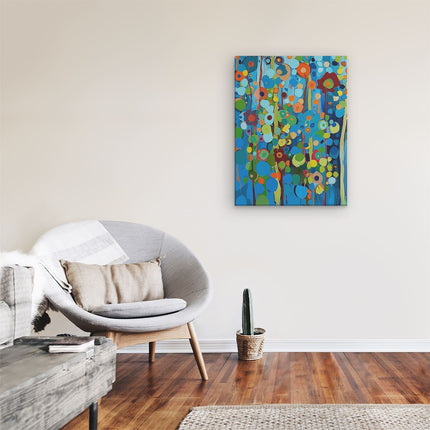 Canvas Schilderij Kamer Abstract Kunstwerk van Blauwe en Oranje Bloemen