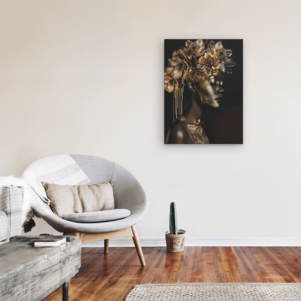 Canvas Schilderij Kamer Zwart en Goud Portret van een Vrouw met Bloemen op haar Hoofd
