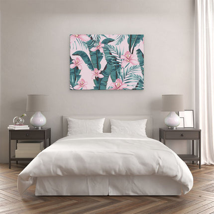 Canvas Schilderij Slaapkamer Tropische Roze Zomer Bloemen Met Bladeren