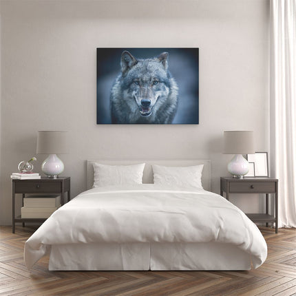 Canvas Schilderij Slaapkamer Wolvenkop Met Blauwe Ogen - Wolf