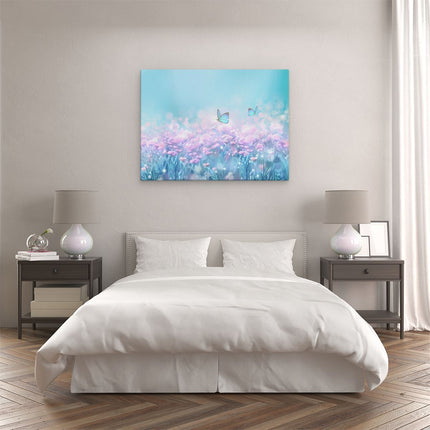 Canvas Schilderij Slaapkamer Twee Blauwe Vlinders Bij Roze Bloemen