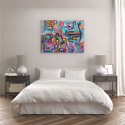 Canvas Schilderij Slaapkamer Kleurrijk Kunstwerk met veel Gezichten