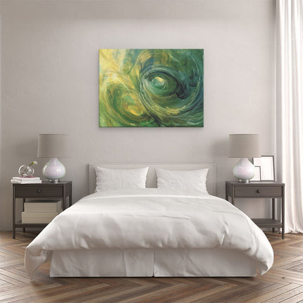 Canvas Schilderij Slaapkamer Abstract Kunstwerk van Groene en Gele Wervelingen