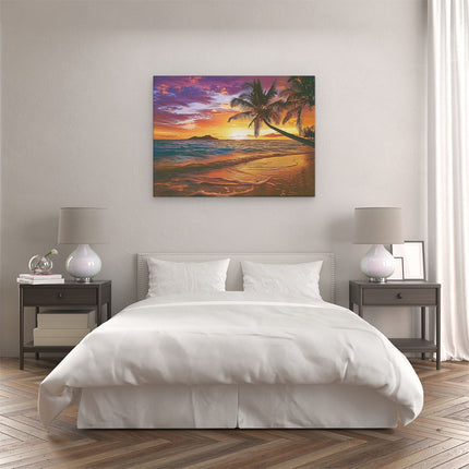 Canvas Schilderij Slaapkamer Zonsondergang op een Strand met Palmbomen