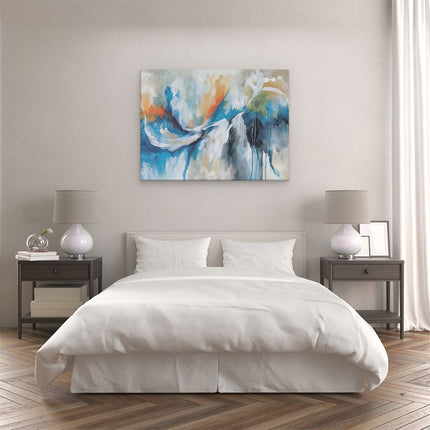 Canvas Schilderij Slaapkamer Abstract Kunstwerk met Blauwe, Oranje en Witte Kleuren