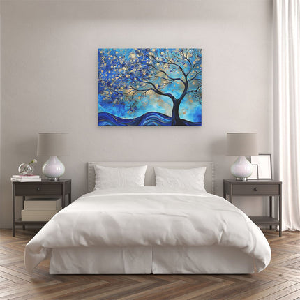 Canvas Schilderij Slaapkamer Abstract Kunstwerk van een Boom in Blauw en Goud