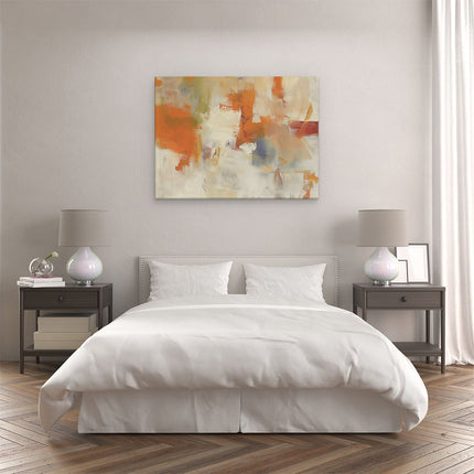 Canvas Schilderij Slaapkamer Abstract Kunstwerk met Oranje en Beige Kleuren
