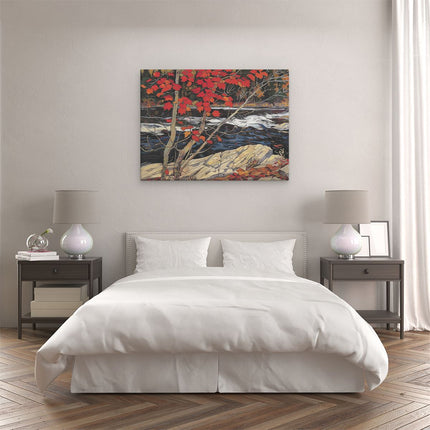 Canvas Schilderij Slaapkamer Kunstwerk van een Rivier met Rode Bladeren