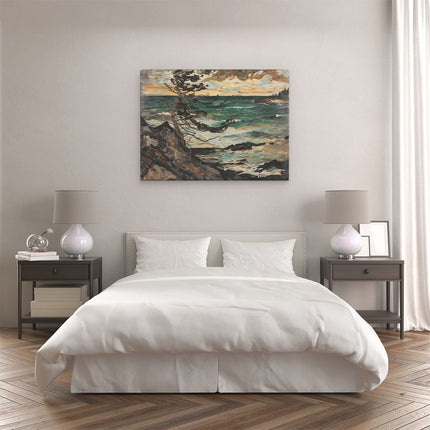Canvas Schilderij Slaapkamer Kunstwerk van een Boom op een Rotsachtige Kust