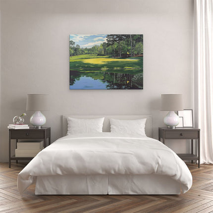 Canvas Schilderij Slaapkamer Kunstwerk van een Golfbaan met Vijver