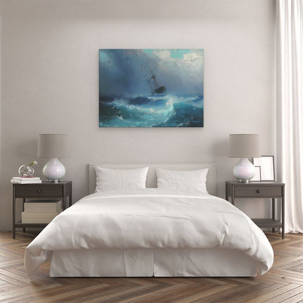 Canvas Schilderij Slaapkamer Kunstwerk van een Schip in een Stormachtige Zee