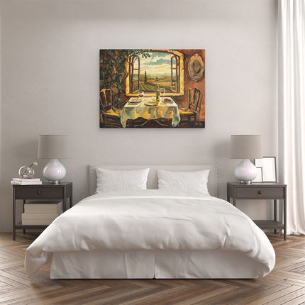 Canvas Schilderij Slaapkamer Kunstwerk van een Tafel met Wijn en Uitzicht op Toscane