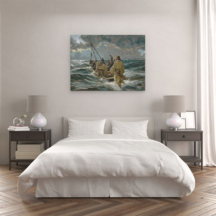 Canvas Schilderij Slaapkamer Kunstwerk van Jezus en zijn Volgelingen in een Boot