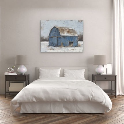 Canvas Schilderij Slaapkamer Kunstwerk van een Blauwe Schuur in de Sneeuw