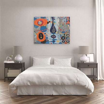 Canvas Schilderij Slaapkamer Abstract Kunstwerk met Blauwe, Oranje en Zwarte Vormen