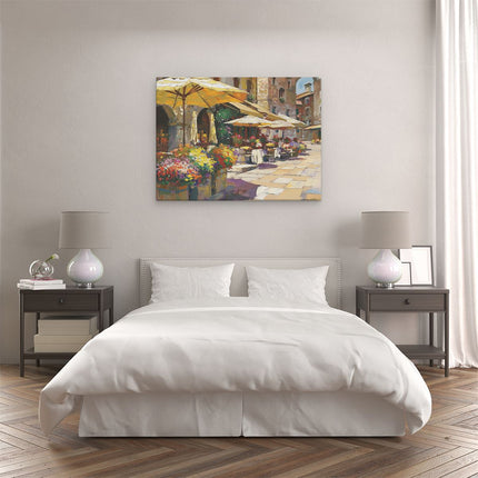 Canvas Schilderij Slaapkamer Kunstwerk van een Straattafereel met Parasols en Bloemen