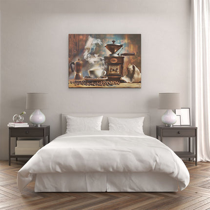 Canvas Schilderij Slaapkamer Koffiemolen en een Kopje Koffie op een Tafel