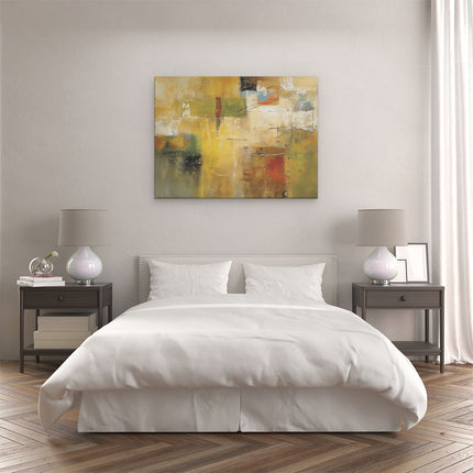 Canvas Schilderij Slaapkamer Abstract Kunstwerk met Gele, Groene en Bruine Kleuren