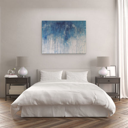 Canvas Schilderij Slaapkamer Abstract Kunstwerk met Blauwe en Witte Druppels