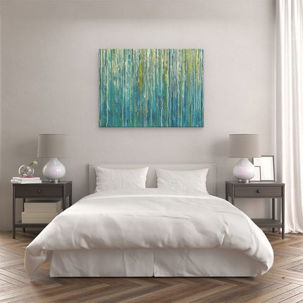 Canvas Schilderij Slaapkamer Kunstwerk met Blauwe en Gele Druppels