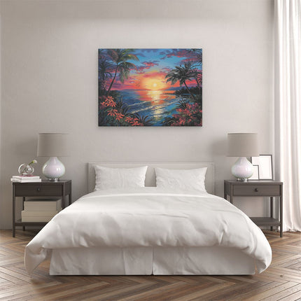 Canvas Schilderij Slaapkamer Kunstwerk van een Tropische Zonsondergang met Palmbomen en Bloemen