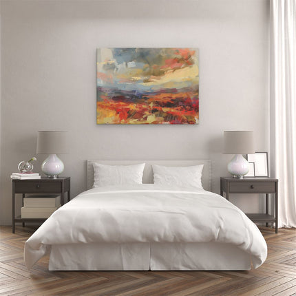 Canvas Schilderij Slaapkamer Abstract Kunstwerk van een Rood, Oranje en Geel Landschap