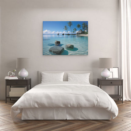 Canvas Schilderij Slaapkamer Strand met Rotsen en Palmbomen