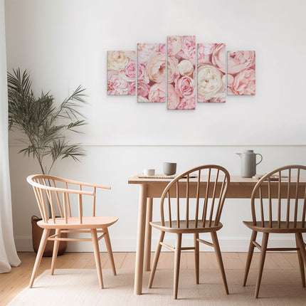 Schilderij vijfluik eetkamer witte roze rozen boeket - bloemen