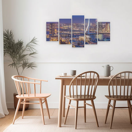 Schilderij vijfluik eetkamer rotterdamse skyline met de erasmusbrug 