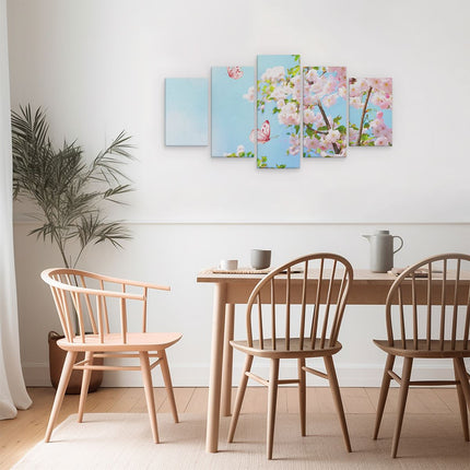 Schilderij vijfluik eetkamer twee roze vlinders bij roze bloesem bloemen