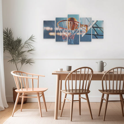 Schilderij vijfluik eetkamer basketbal in ring - hoepel - bord