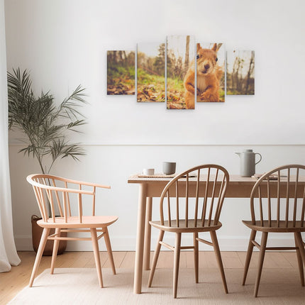 Schilderij vijfluik eetkamer eekhoorn in het bos tijdens de herfst